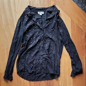 Velvet Black Button Down Shirt with Stud Accents - Women's Size Small